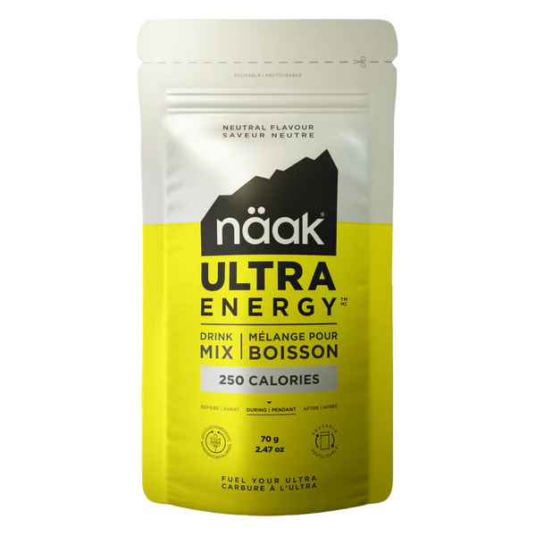 Embalagem amarela e branca näak Ultra Energy para bebida energética com 250 calorias.