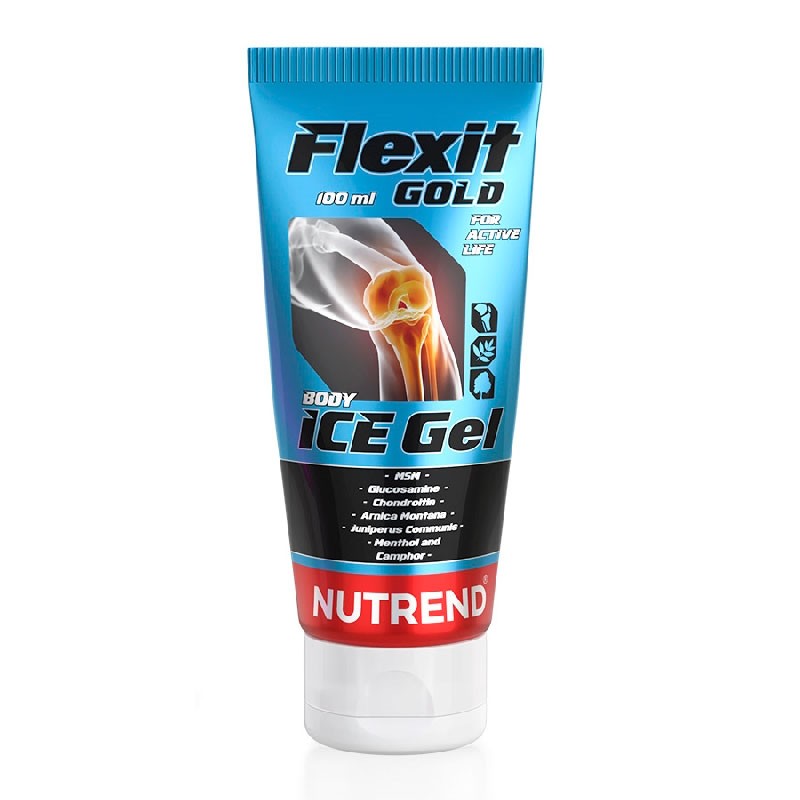 frasco de gel azul Flexit Gold Ice Gel 100 ml Nutrend corpo