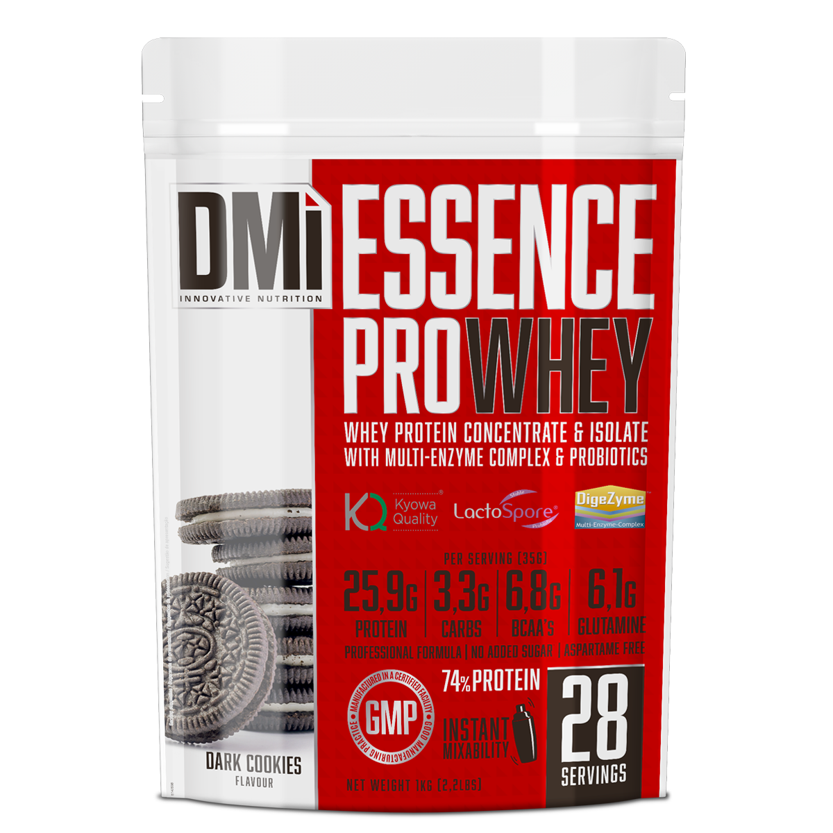 Embalagem de suplemento ESSENCE PRO WHEY sabor Dark Cookies