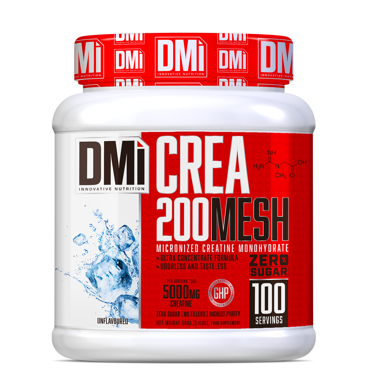 Frasco branco com tampa vermelha e rótulo vermelho e branco de suplemento CREA 200 MESH com logótipo DMi