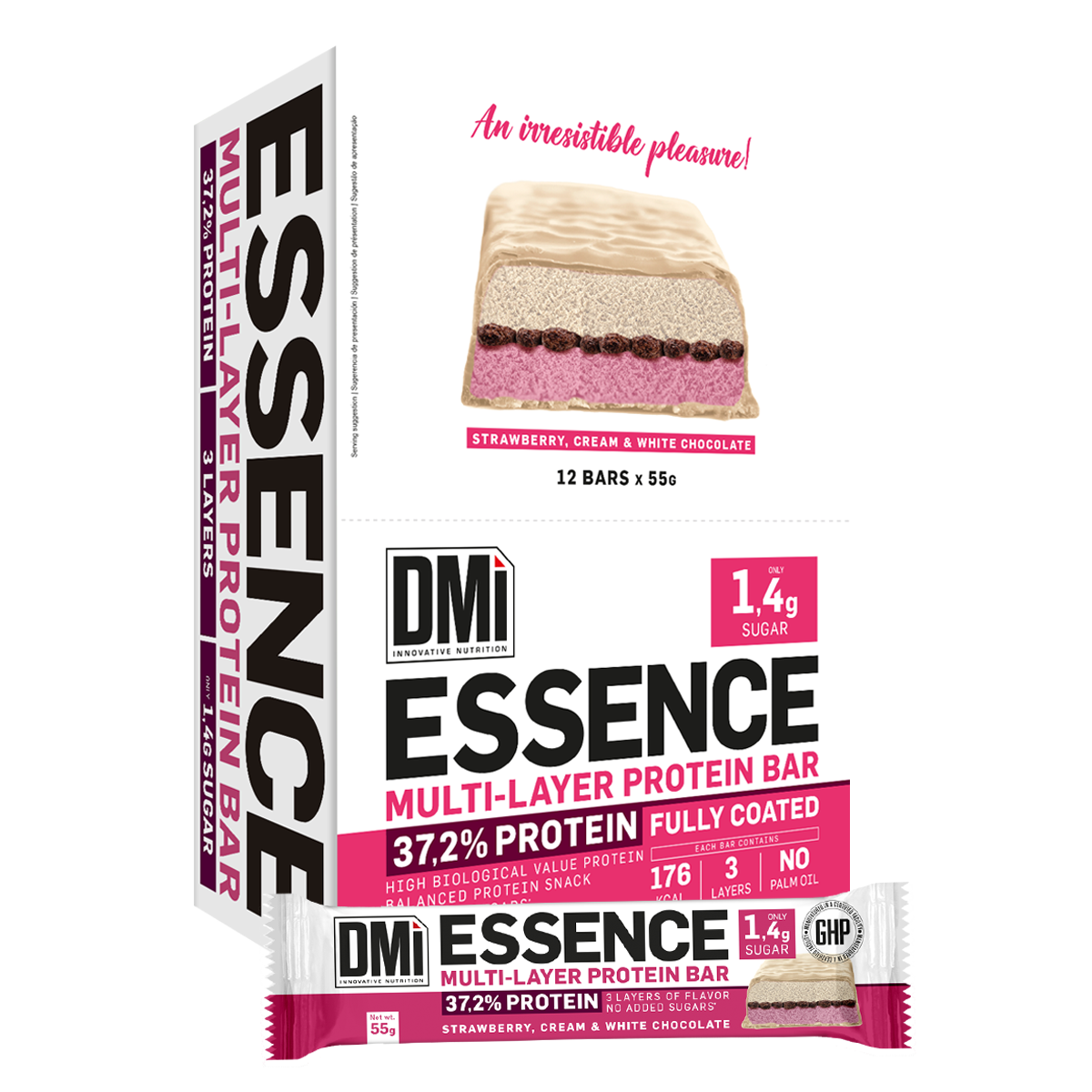Embalagem e barra de proteína multi-camada ESSENCE morango, creme e chocolate branco