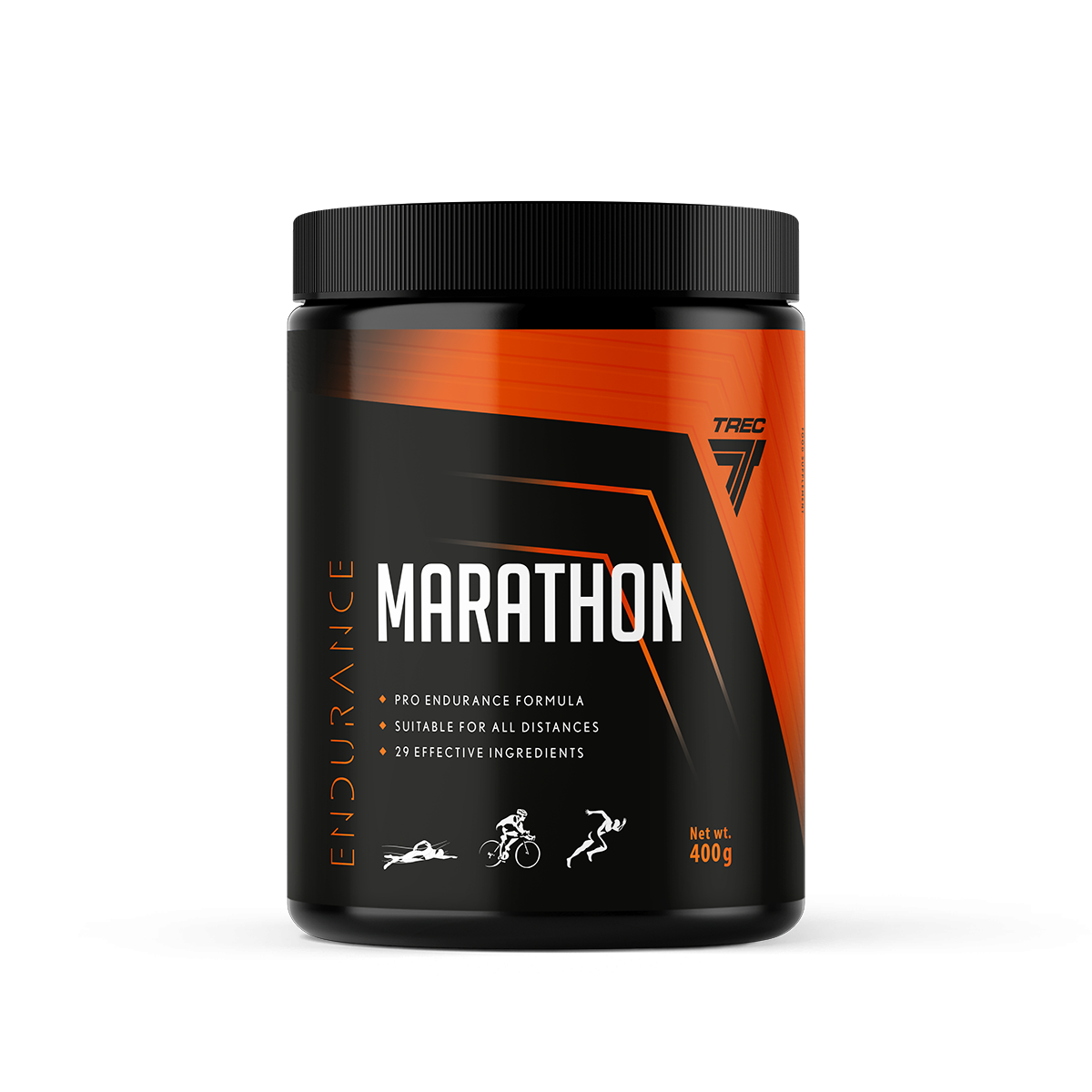 Embalagem preta e laranja de suplemento MARATHON para resistência