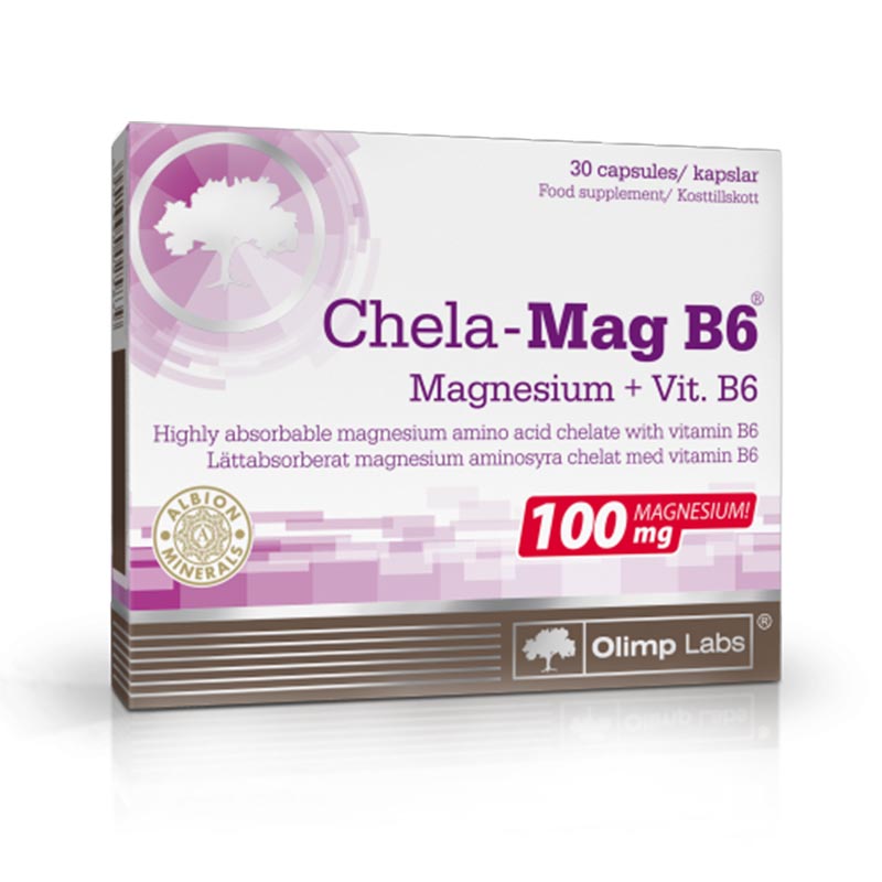 Embalagem de suplemento Chela-Mag B6 com magnésio e vitamina B6 da Olimp Labs