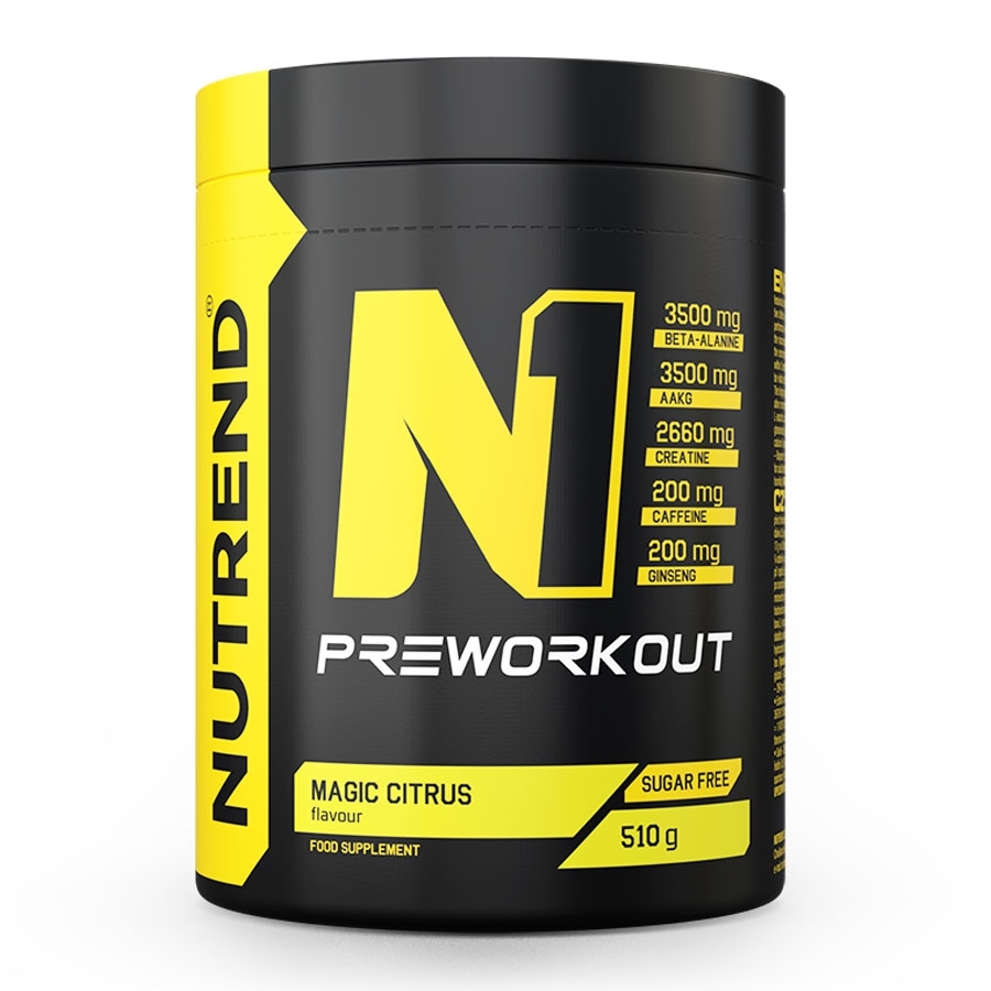 Frasco preto e amarelo de suplemento Nutrend N1 Preworkout sabor Magic Citrus 510 g