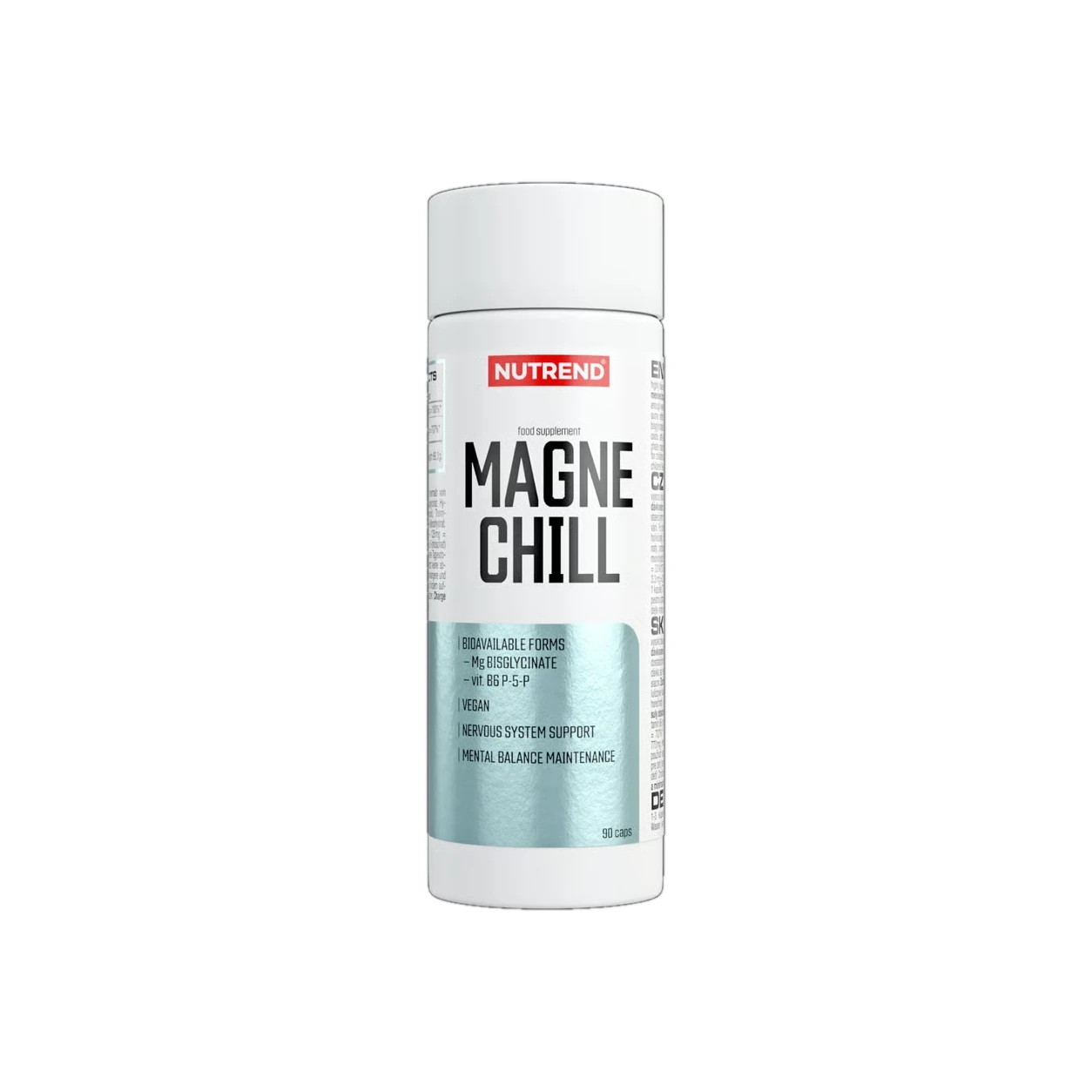 MagneChill® Nutrend 90 Cápsulas Frasco branco de suplemento alimentar MAGNE CHILL da NUTREND com rótulo azul metalizado.