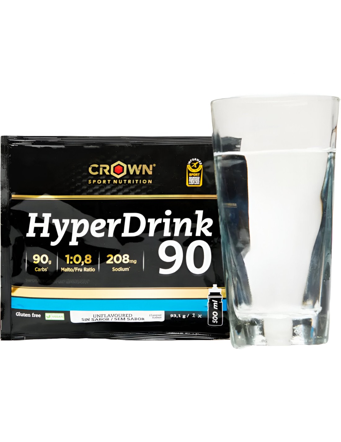 Pacote de suplemento HyperDrink 90 e copo com água
