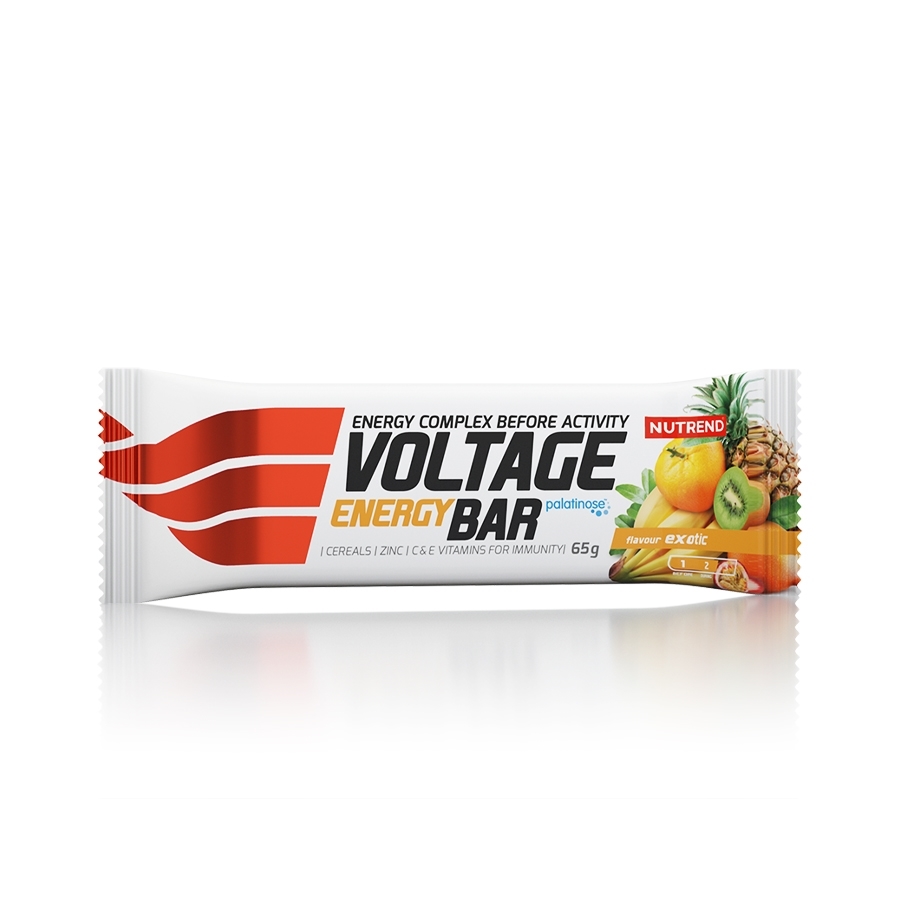 Barra energética Voltage Energy Bar sabor exotic em embalagem branca e vermelha com imagens de frutas tropicais