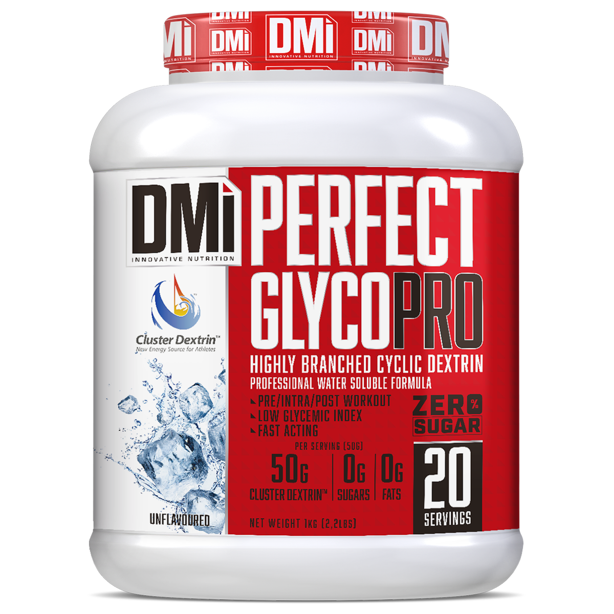Frasco branco de suplemento DMi Perfect GlycoPro com rótulo vermelho e branco