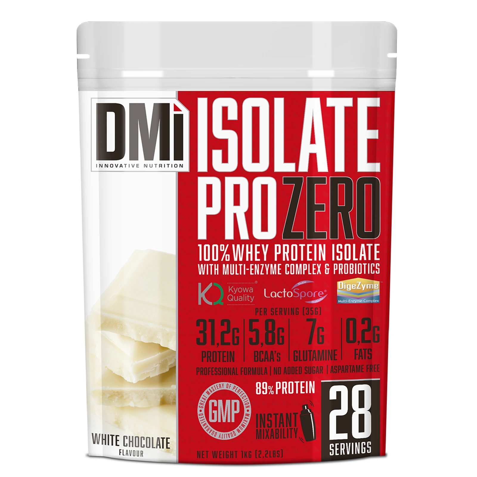 Isolate Pro Zero DMI — 1 kg Embalagem de suplemento DMI Isolate Pro Zero sabor white chocolate