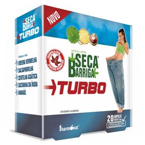 Caixa de suplemento alimentar Seca Barriga Turbo com frutas e mulher a segurar calças largas