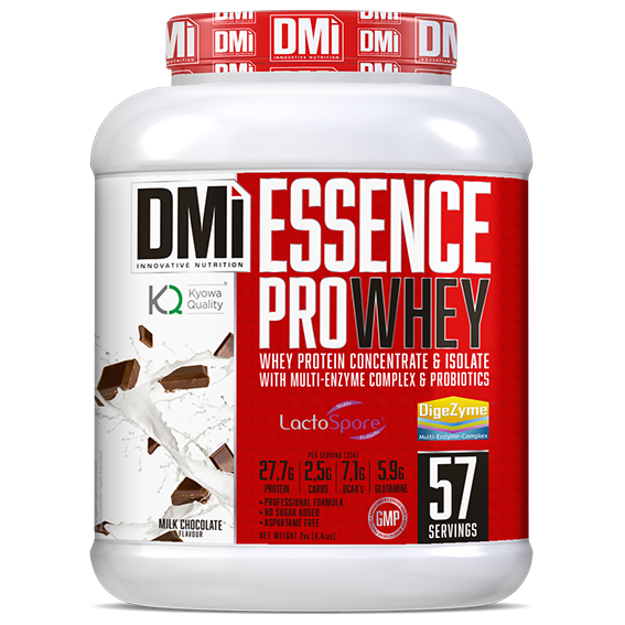 Recipiente de suplemento proteico DMI Essence Pro Whey sabor chocolate leite.