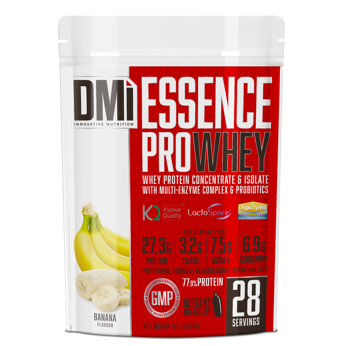 Embalagem branca e vermelha de suplemento proteico com imagem de banana e texto em inglês.