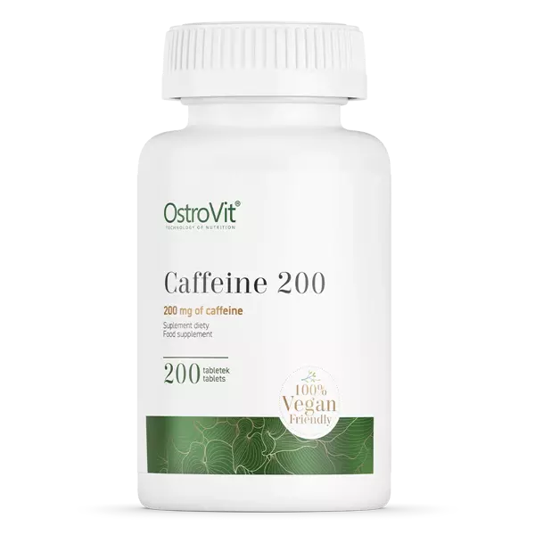 Frasco branco de suplemento com rótulo verde e branco, contendo texto sobre cafeína 200 e vegan friendly