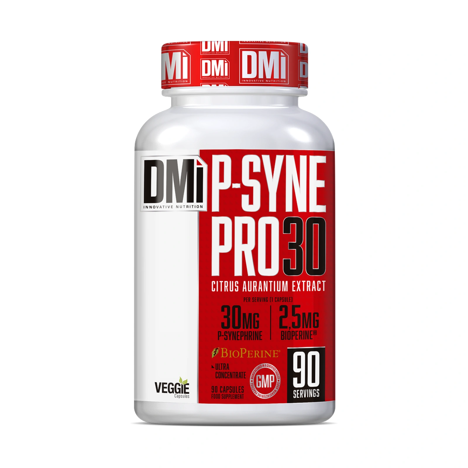 P-SYNE PRO30 DMI — 90 Cápsulas Frasco de suplemento alimentar branco com rótulo vermelho e tampa vermelha DMi P-SYNE PRO30.