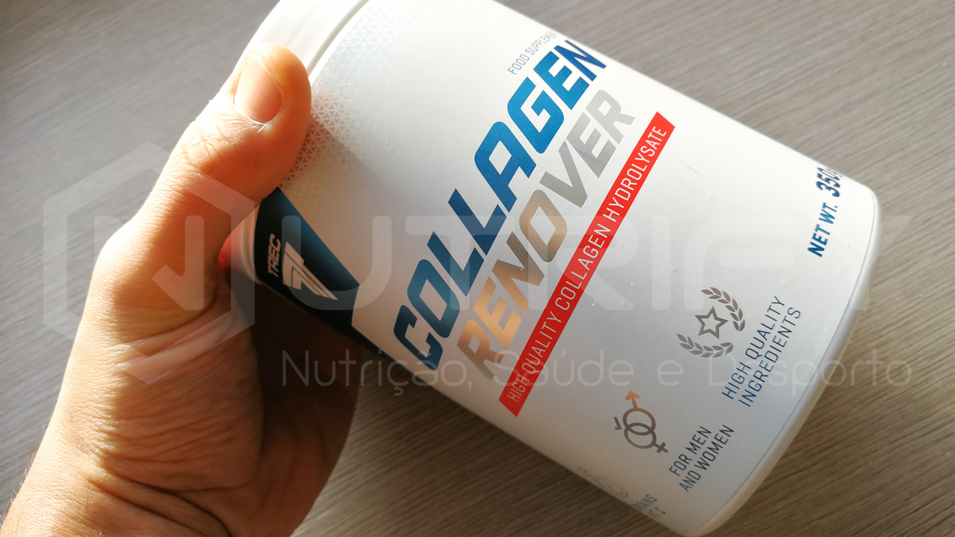 Frasco branco de suplemento alimentar Collagen Renov com rótulo colorido