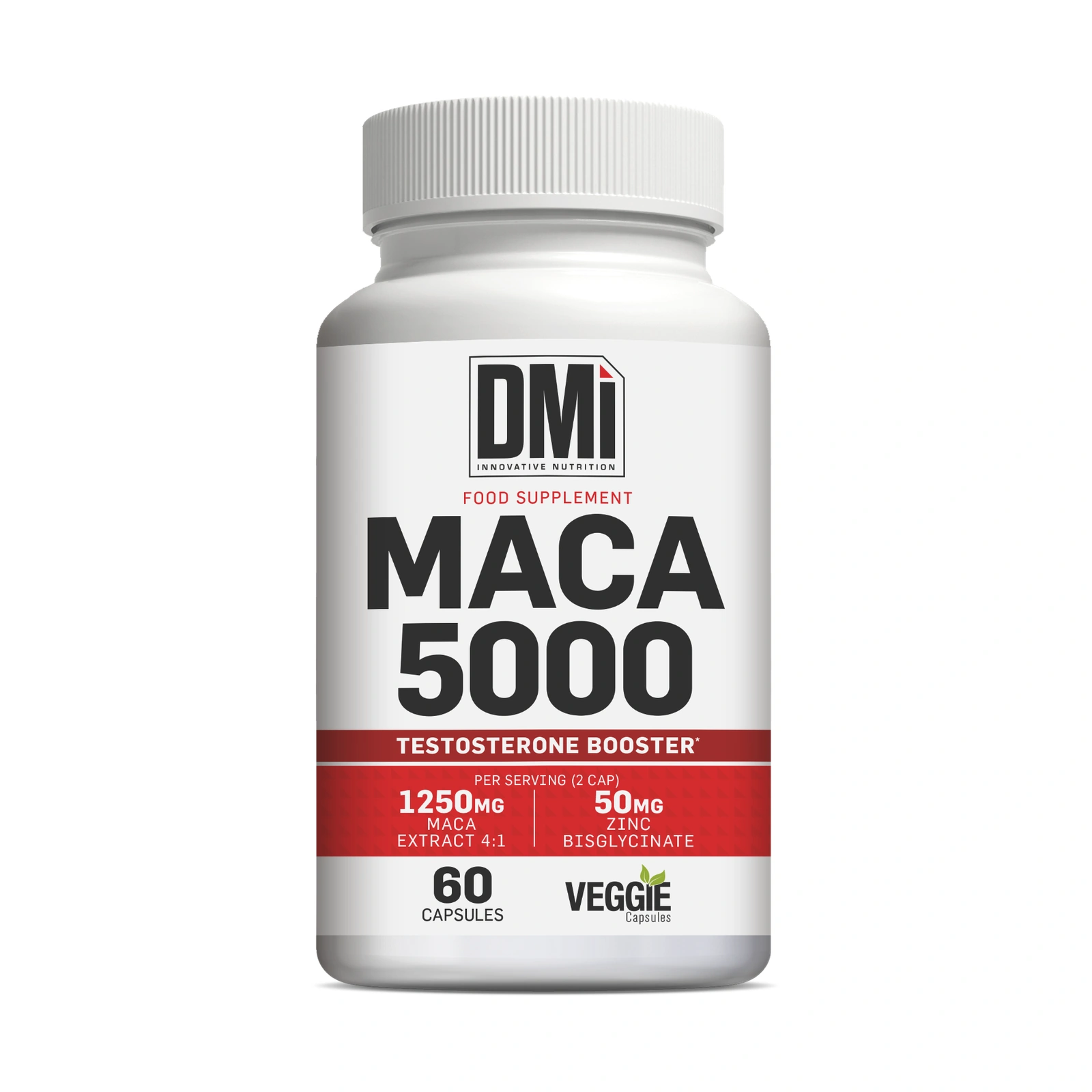 MACA 5000 DMI — 60 Cápsulas Frasco branco de suplemento alimentar MACA 5000 da marca DMi com etiqueta vermelha e preta
