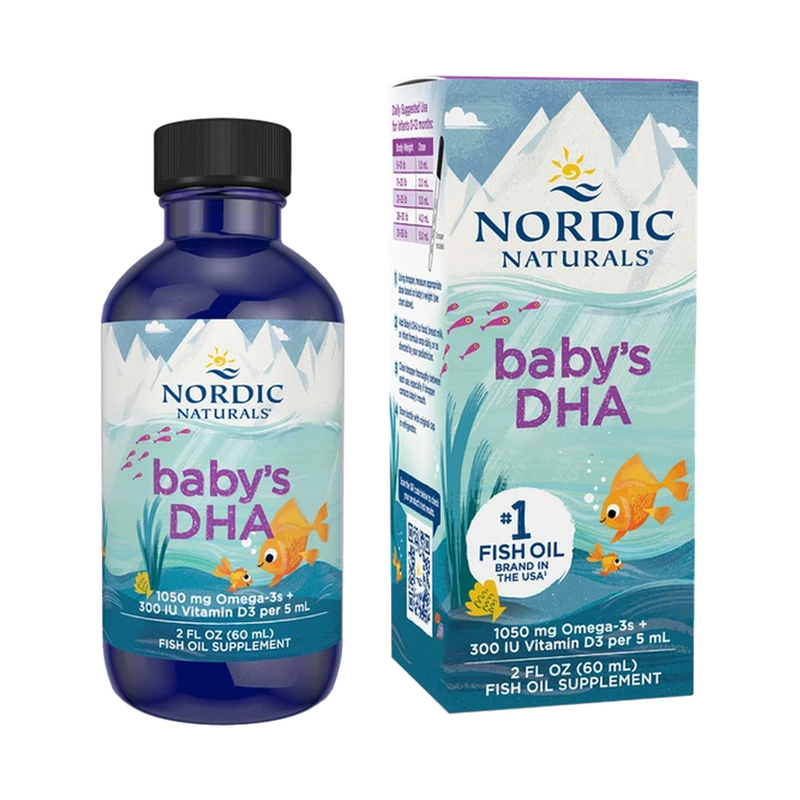 Baby's DHA Nordic Naturals — 60 ml Garrafa e caixa do suplemento Babys DHA da Nordic Naturals com desenhos de montanhas e peixes