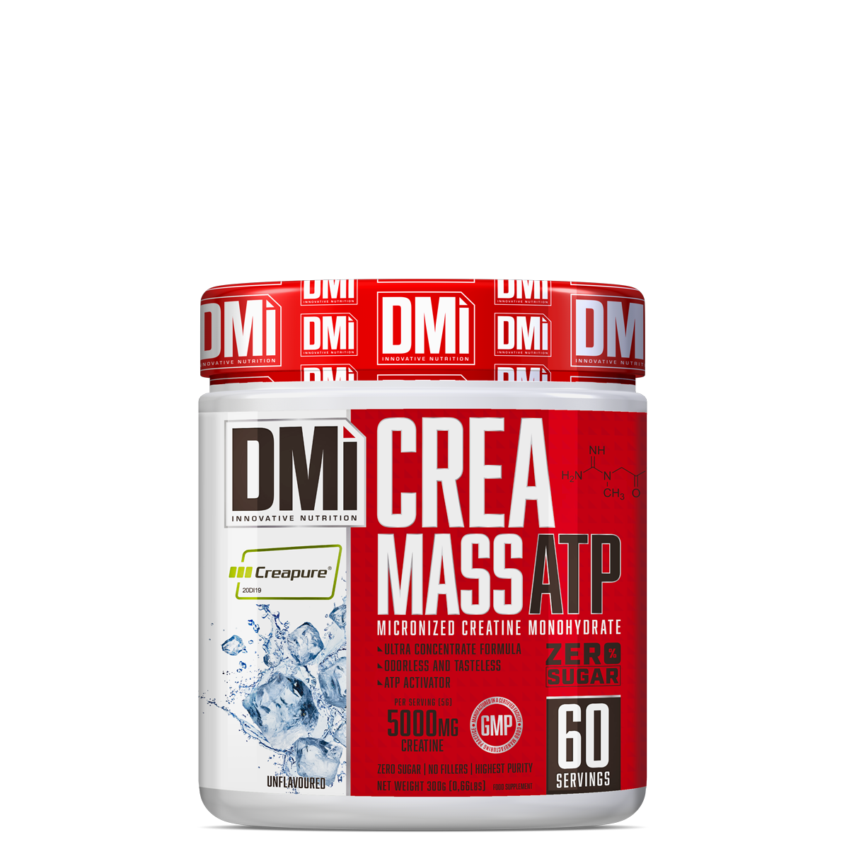 Embalagem do suplemento DMI Crea Mass ATP com design branco e vermelho e informações nutricionais visíveis