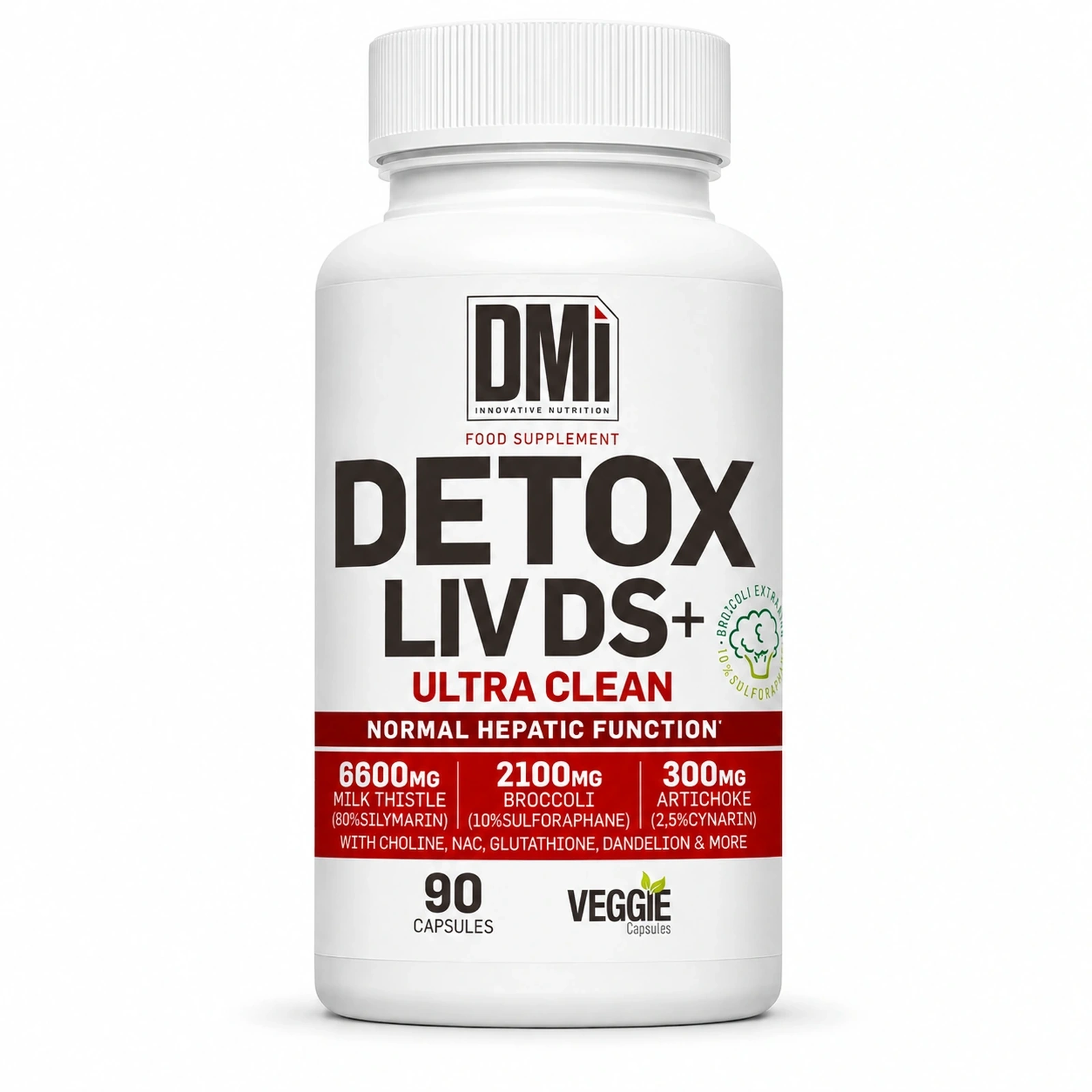 DETOX LIV DS+ Ultra Clean DMI — 90 Cápsulas Frasco branco de suplemento detox com texto em preto e vermelho.