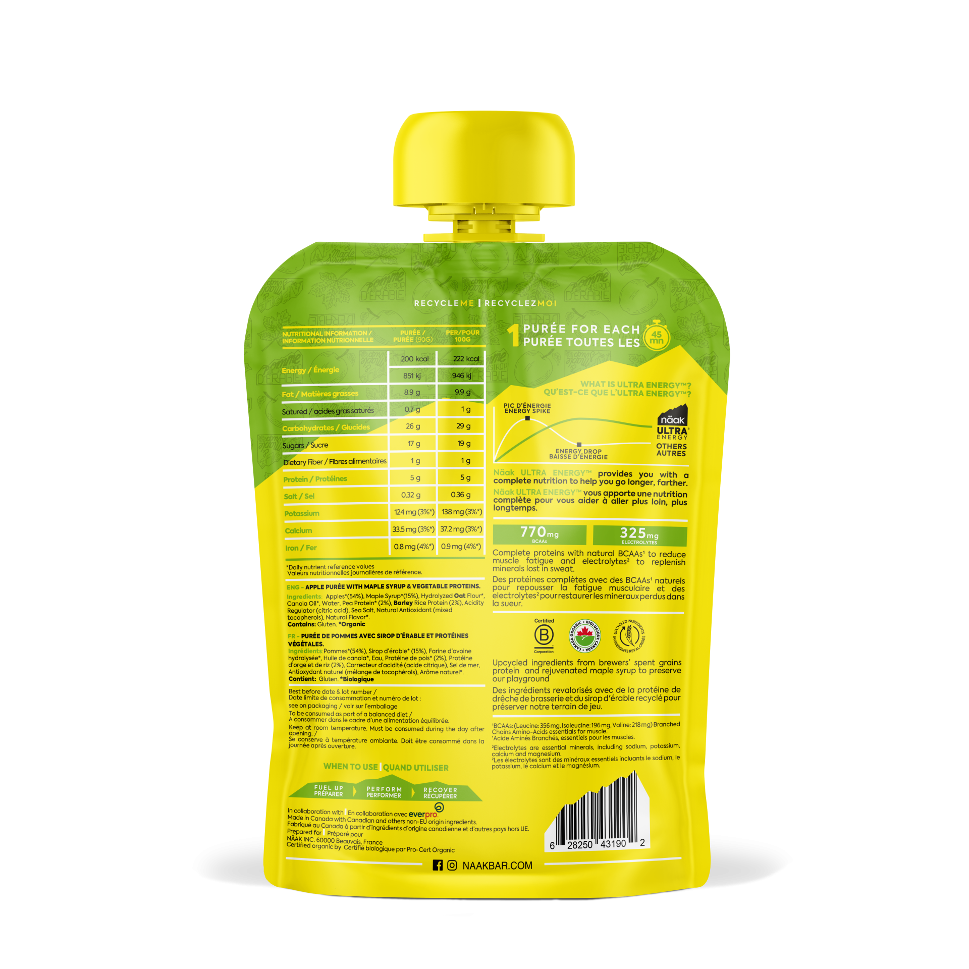 Embalagem flexível verde e amarela com tampa amarela e informações nutricionais