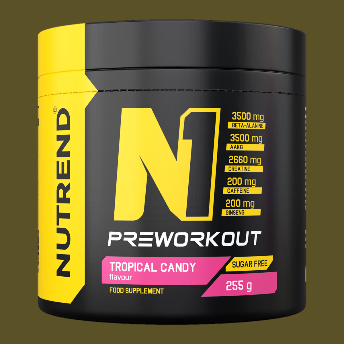 Embalagem preta e amarela de suplemento alimentar NUTREND N1 PREWORKOUT sabor TROPICAL CANDY sem açúcar