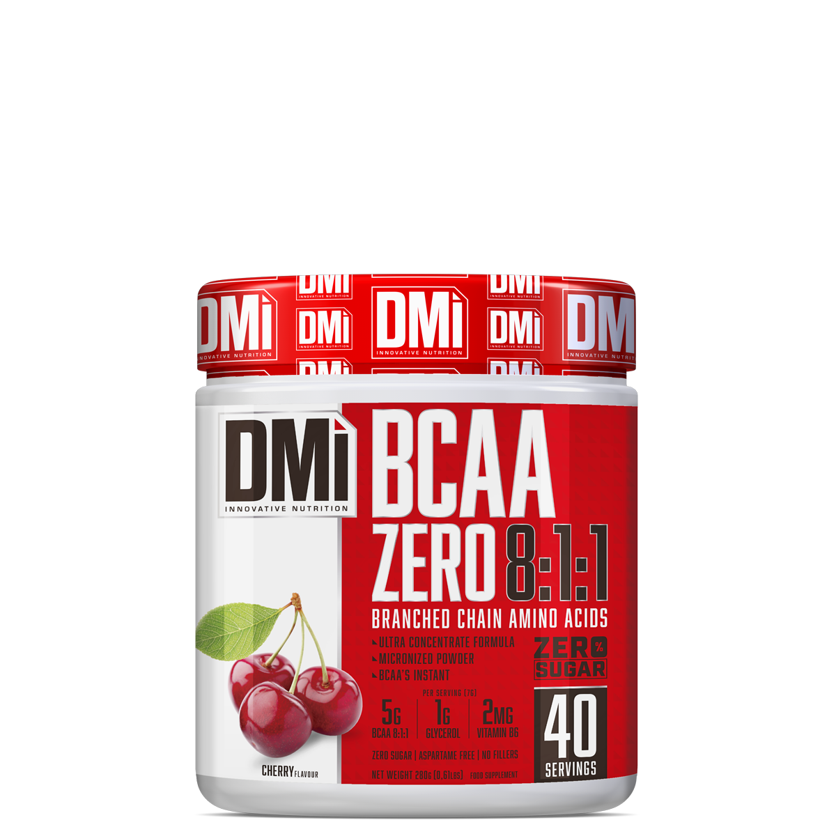 Pote branco com tampa vermelha e rótulo vermelho detalhando suplemento BCAA zero com sabor a cereja.