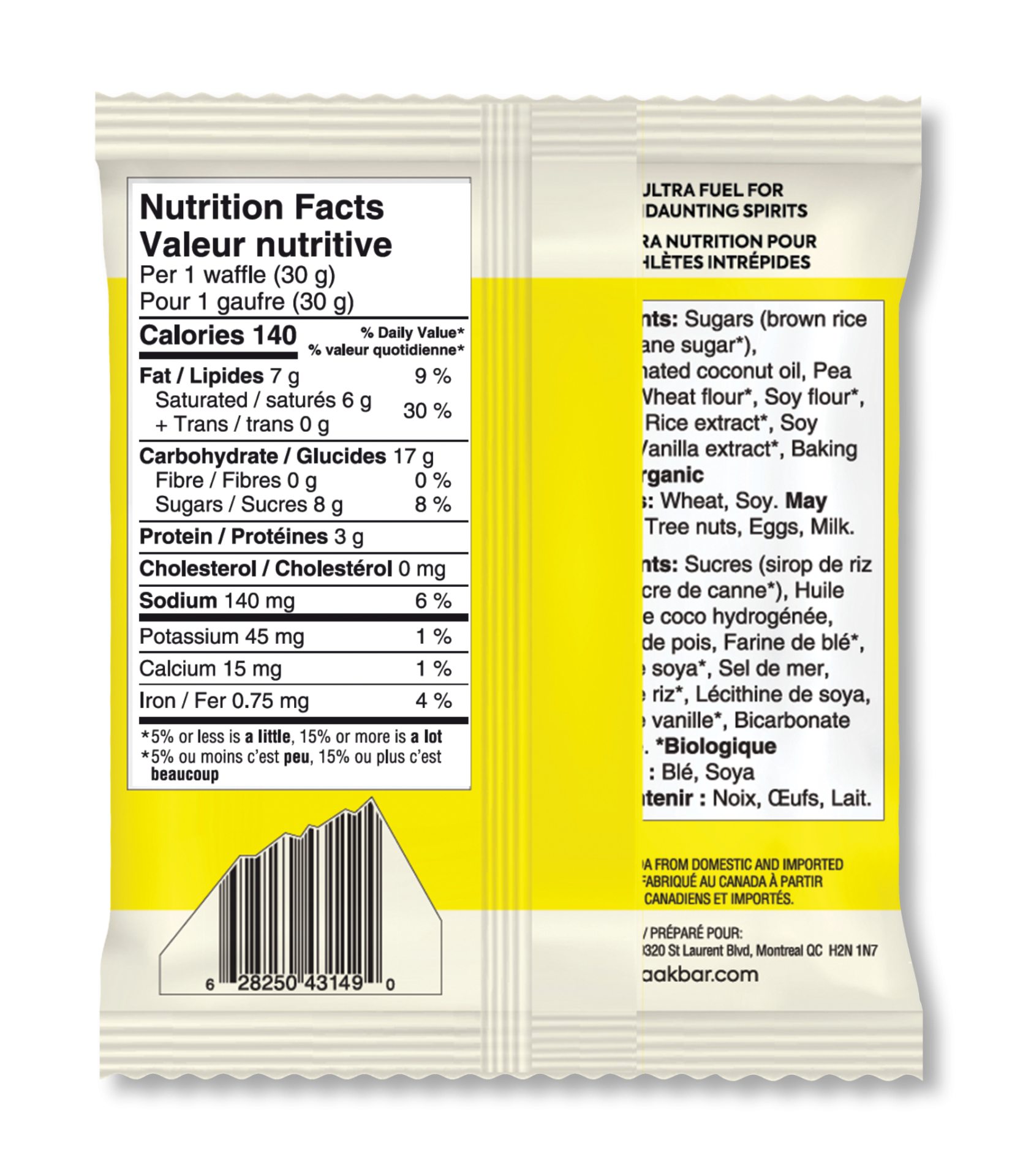 Embalagem com informação nutricional e lista de ingredientes em inglês e francês
