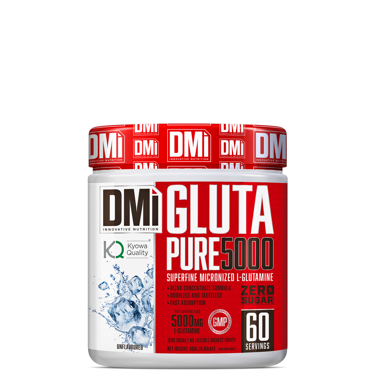 Recipiente branco de suplemento alimentar GLUTA PURE 5000 da DMI com rótulo vermelho e branco