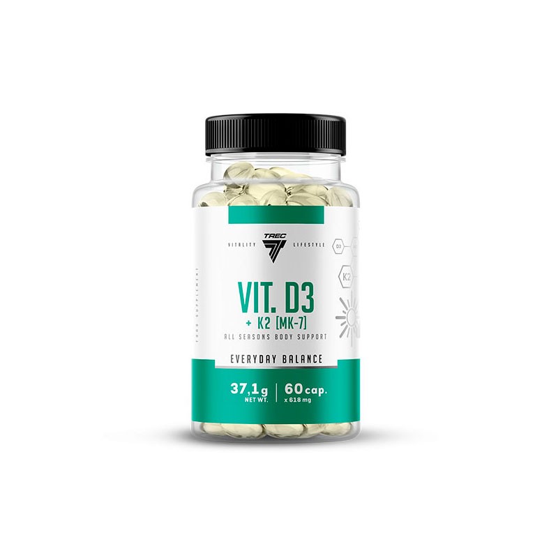 Frasco de suplemento Vitamina D3 com K2, rótulo branco e verde, cápsulas claras visíveis