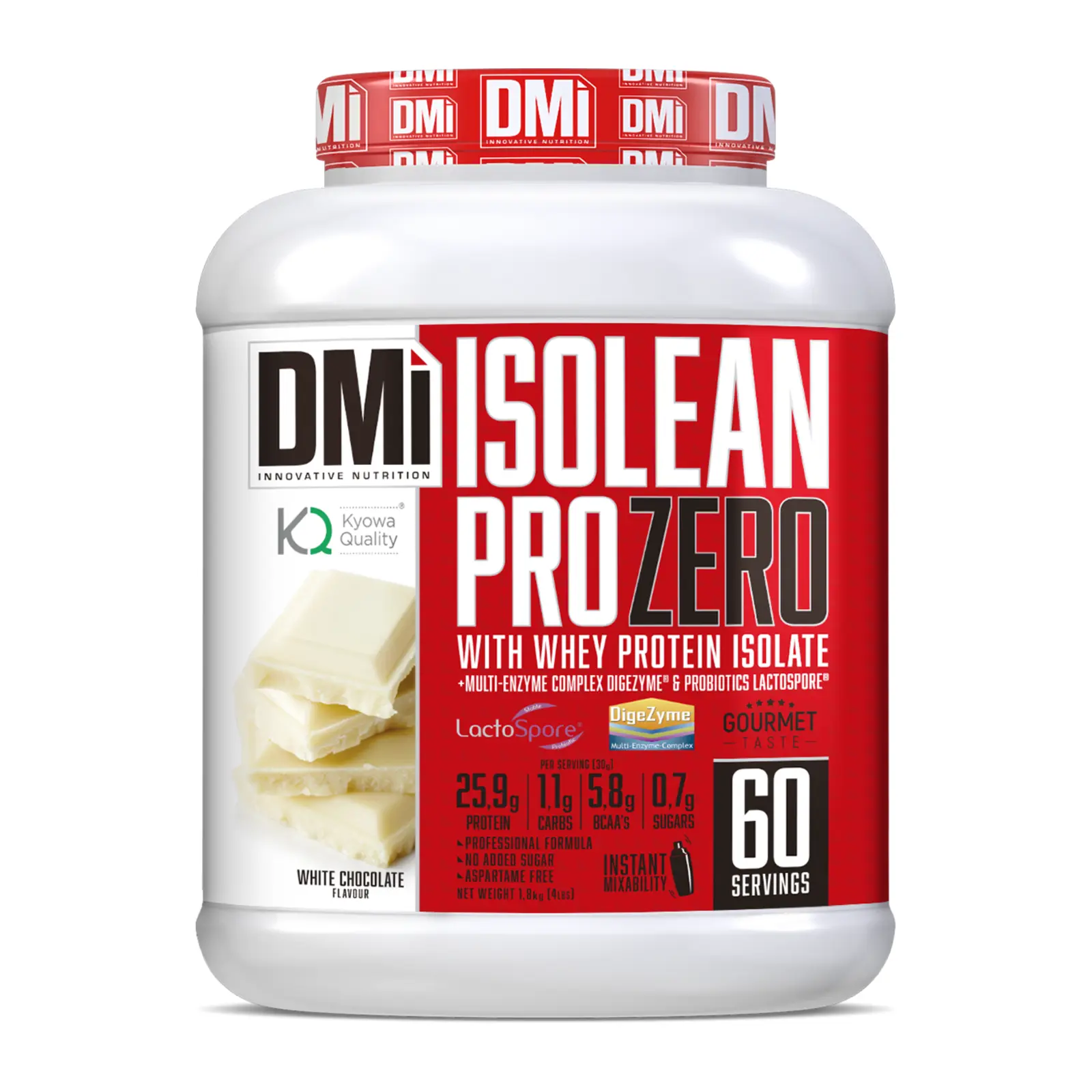 Isolean Pro Zero DMI — 1,8 kg Embalagem de suplemento alimentar DMI Isolean Pro Zero sabor chocolate branco