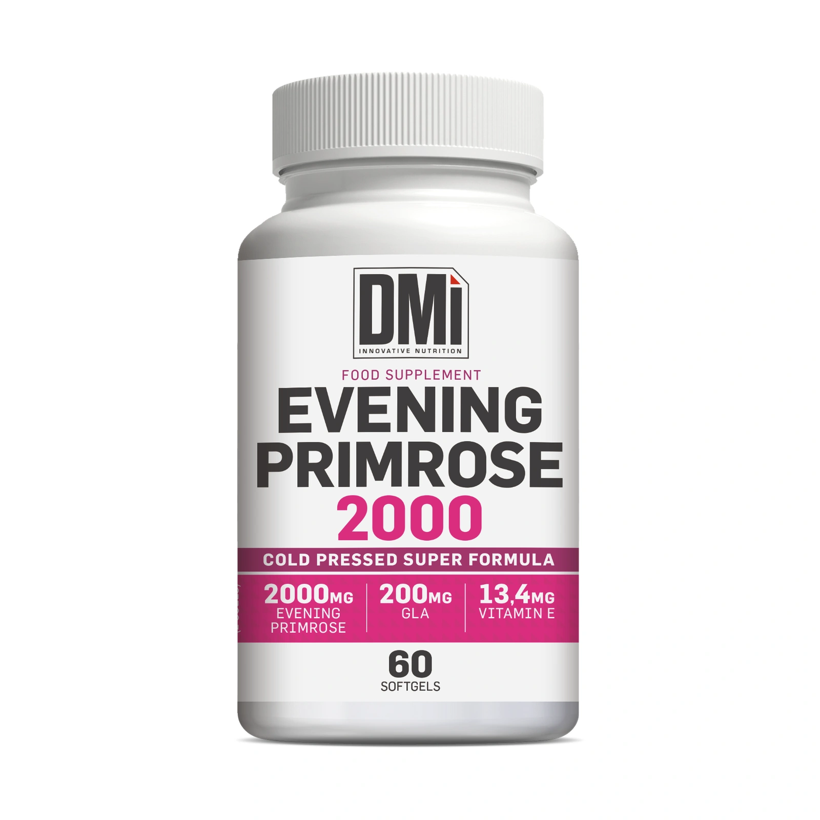 EVENING PRIMROSE 2000 DMI — 60 Pérolas Frasco branco de suplemento alimentar Evening Primrose com rótulo e tampa