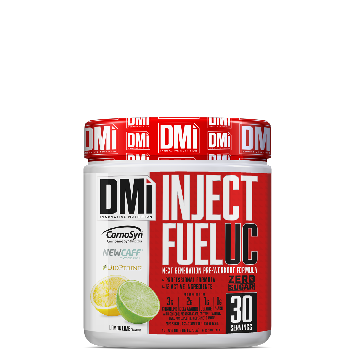 Frasco de suplemento pré-treino DMi Inject Fuel UC sabor limão e lima com 30 doses