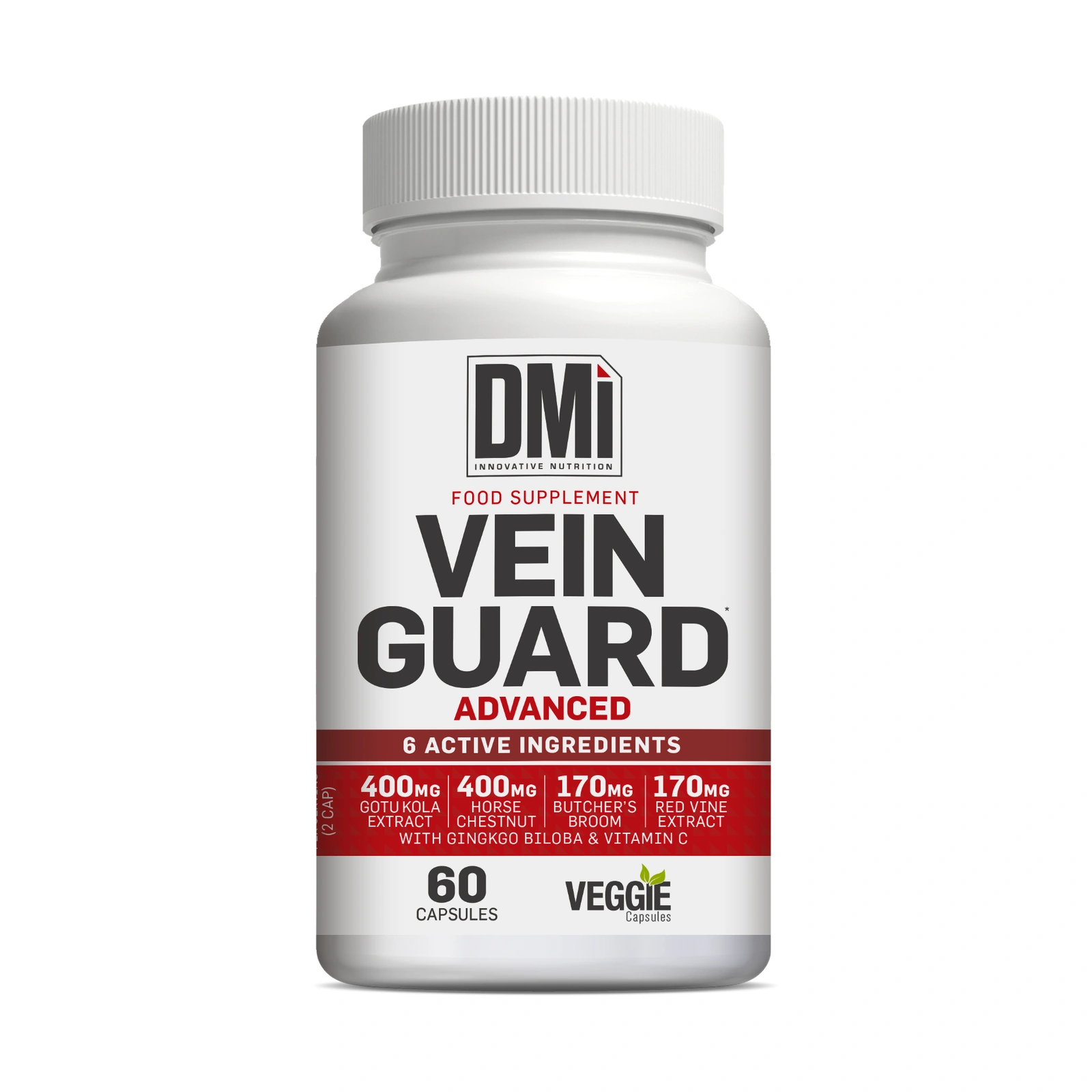 VEIN GUARD ADVANCED DMI — 60 Cápsulas Frasco branco de suplemento alimentar DMi VEIN GUARD ADVANCED com texto e informações dos ingredientes ativos.