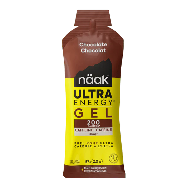 Gel energético de chocolate näak ULTRA ENERGY em embalagem castanha e amarela