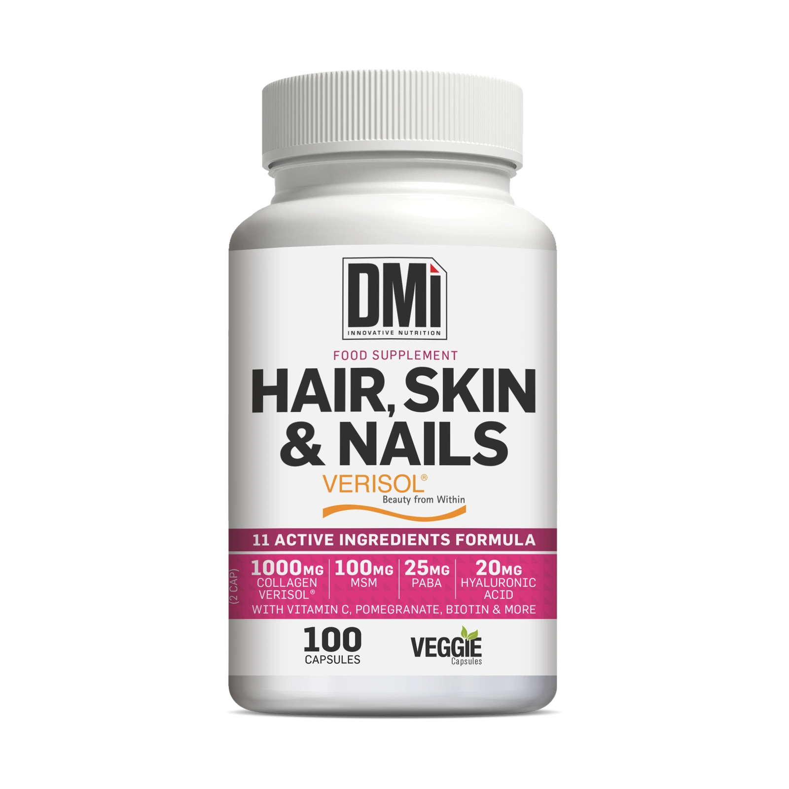 HAIR, SKIN & NAILS VERISOL® DMI — 100 Cápsulas Frasco branco de suplemento alimentar DMi Hair, Skin & Nails Verisol