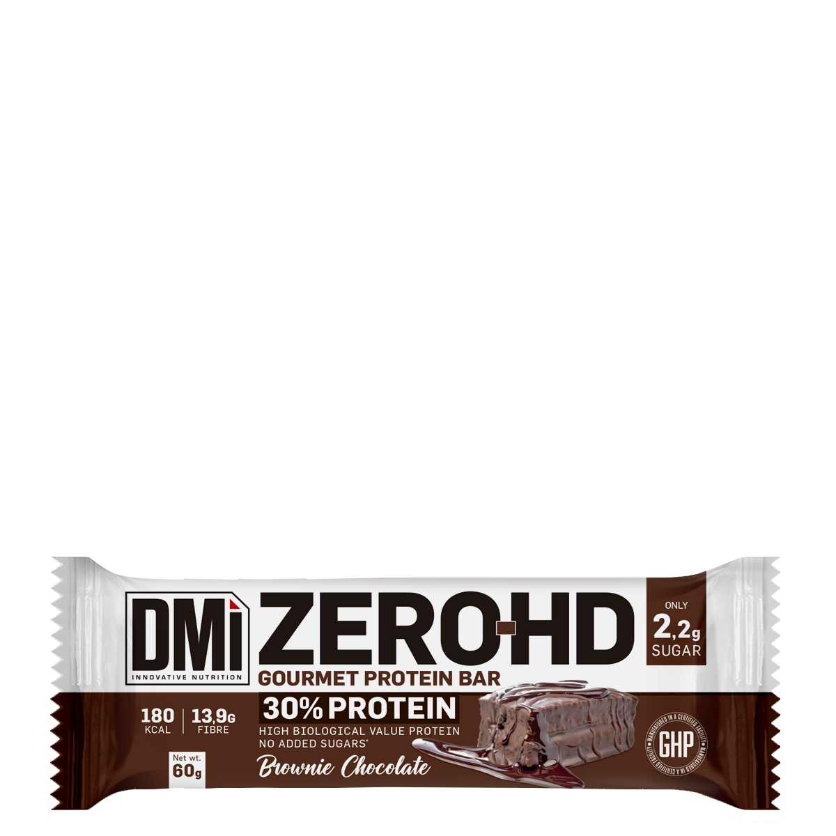Barra proteica DMi Zero HD sabor Brownie Chocolate, embalagem marrom e branca.