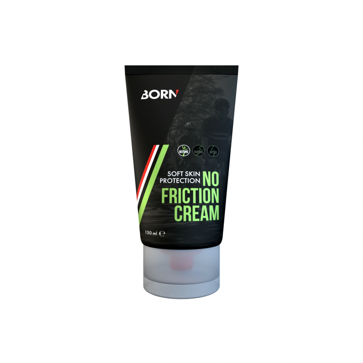 BORN No Friction Cream 150 ml | Creme Anti-Fricção Tubo preto de creme No Friction Cream com texto e imagem de ciclistas
