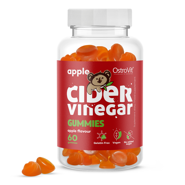 Frasco de gomas laranja sabor vinagre de maçã OstroVit com rótulo vermelho e imagem de urso