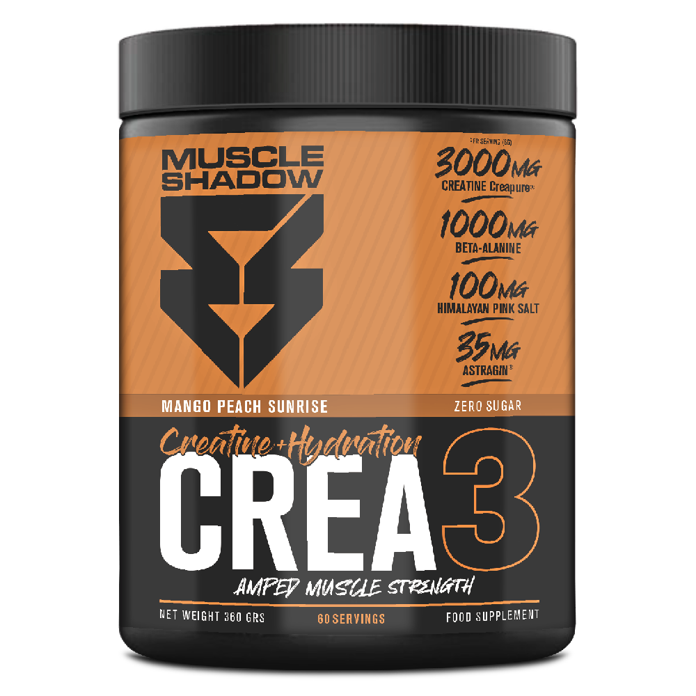 Embala de suplemento Muscle Shadow CREA3 laranja e preta com texto informativo