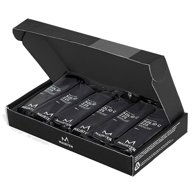 Pack aberto com cinco géis energéticos pretos da marca MAURTEN