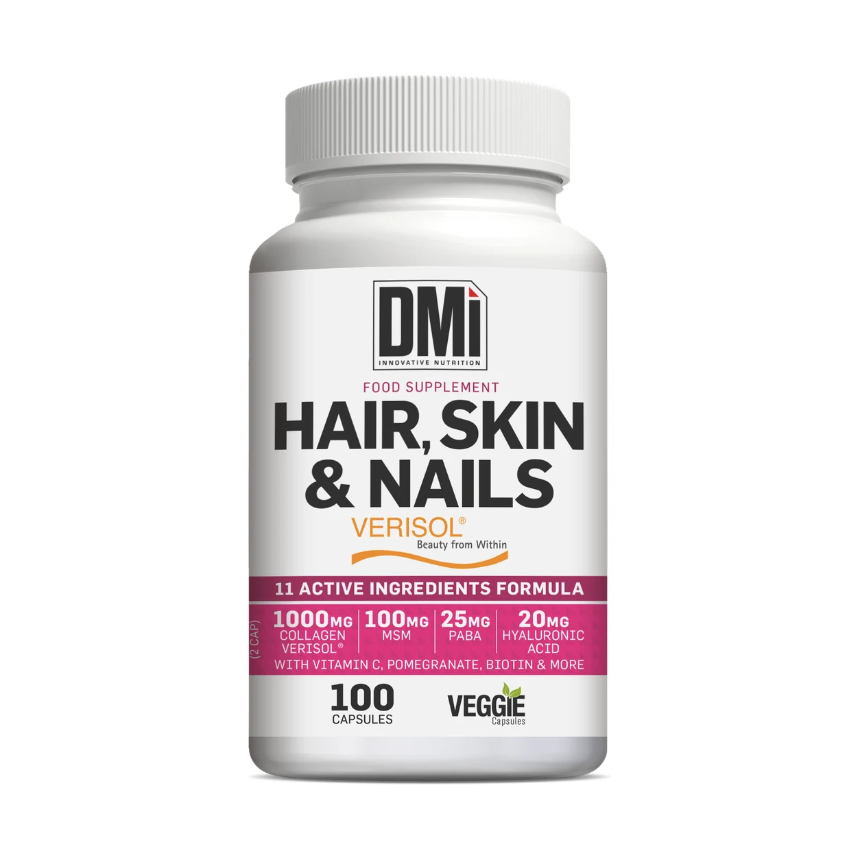Hair, Skin & Nails Verisol® DMI – 100 Cápsulas Frasco branco de suplemento alimentar DMi Hair, Skin & Nails com rótulo detalhado