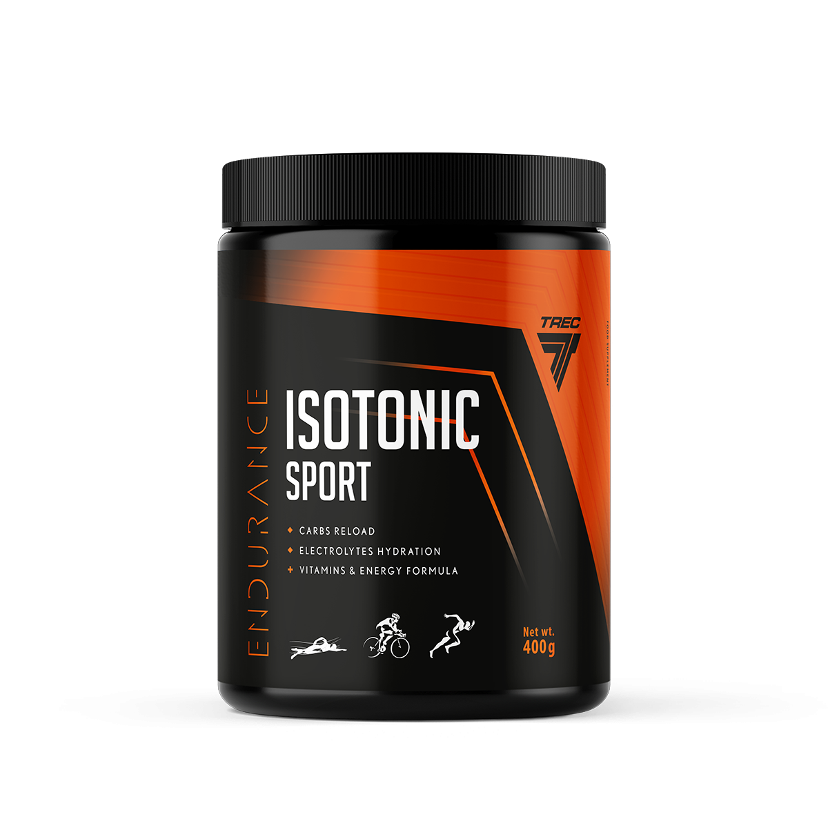 Frasco preto de suplemento em pó Isotonic Sport com rótulo preto e laranja