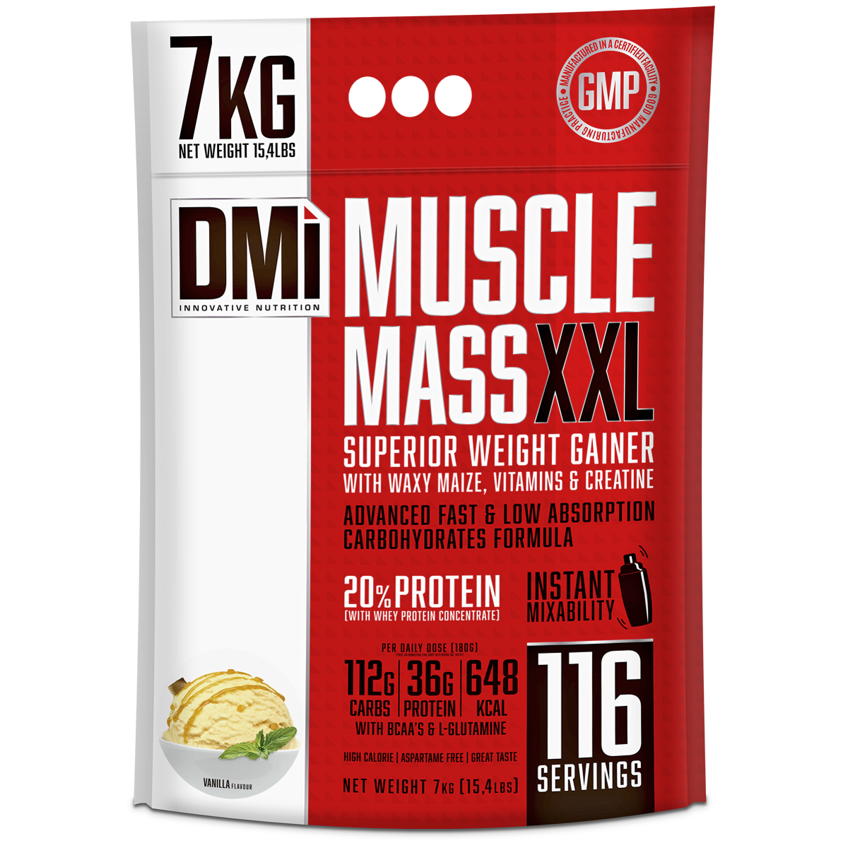 Saco vermelho e branco de suplemento Muscle Mass XXL 7KG