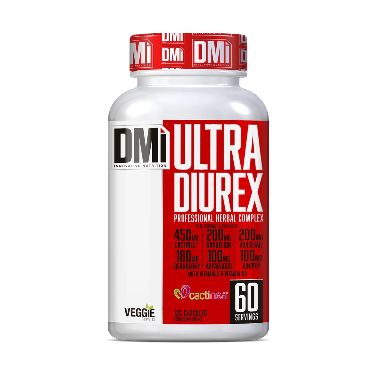 ULTRA DIUREX DMI — 120 Cápsulas Frasco branco de suplemento Ultra Diurex com rótulo vermelho e branco da marca DMi