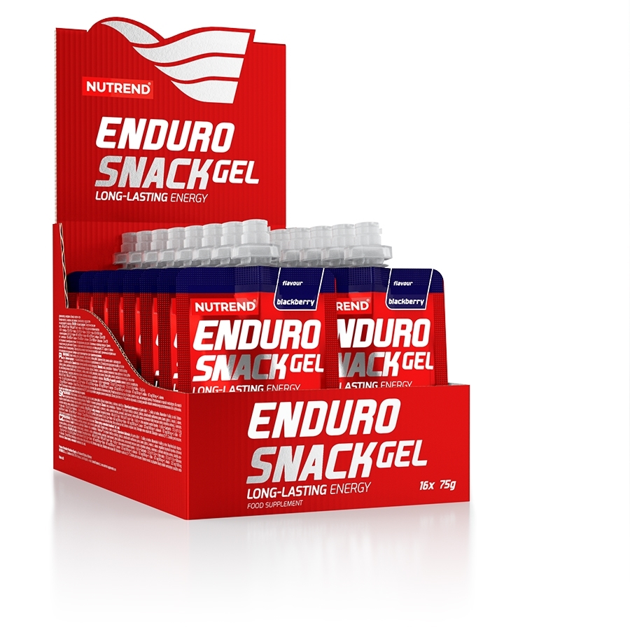 Caixa Nutrend Enduro SnackGel com várias embalagens individuais azuis e vermelhas
