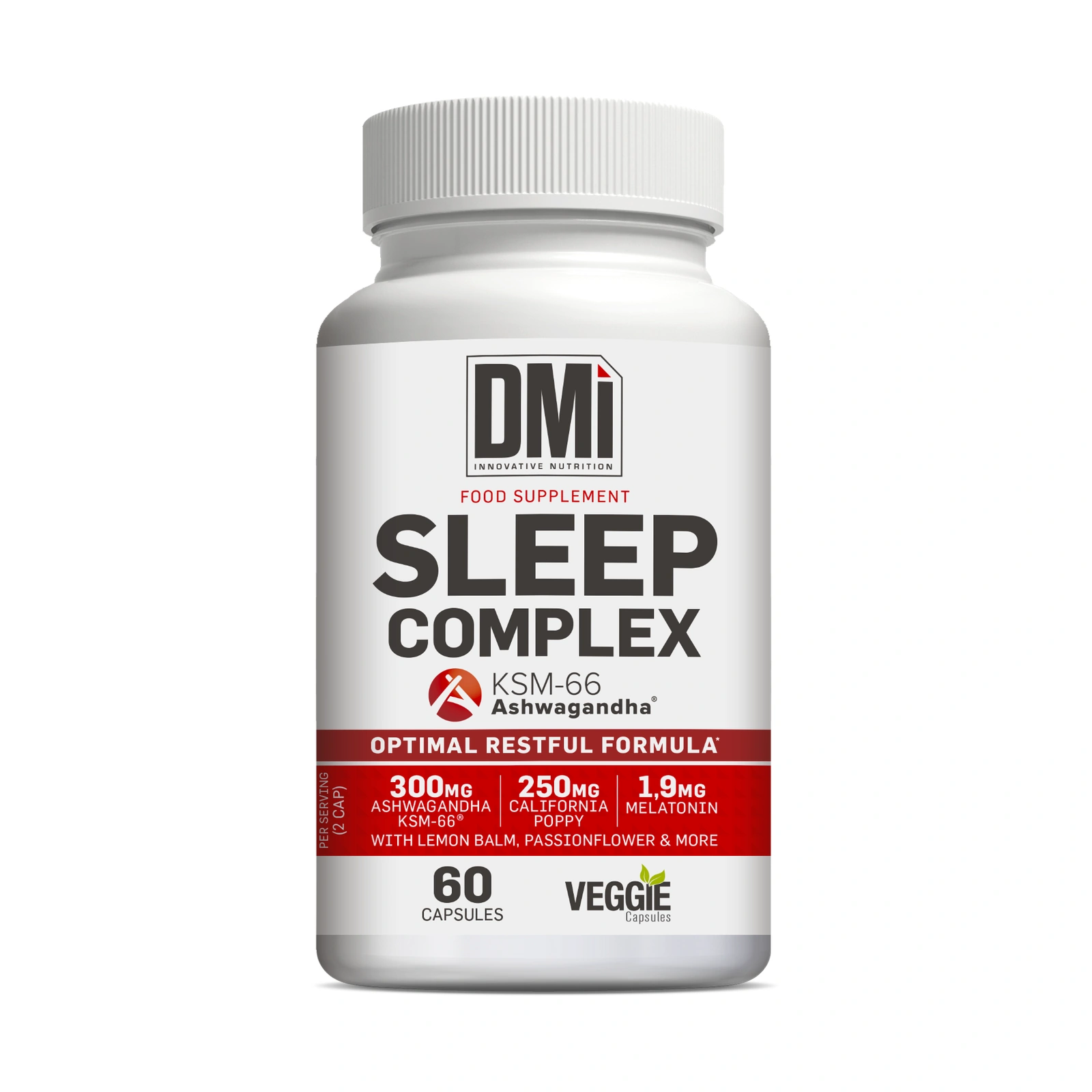 SLEEP COMPLEX DMI — 60 Cápsulas Frasco branco do suplemento alimentar DMi SLEEP COMPLEX com tampa de rosca e rótulo detalhado.