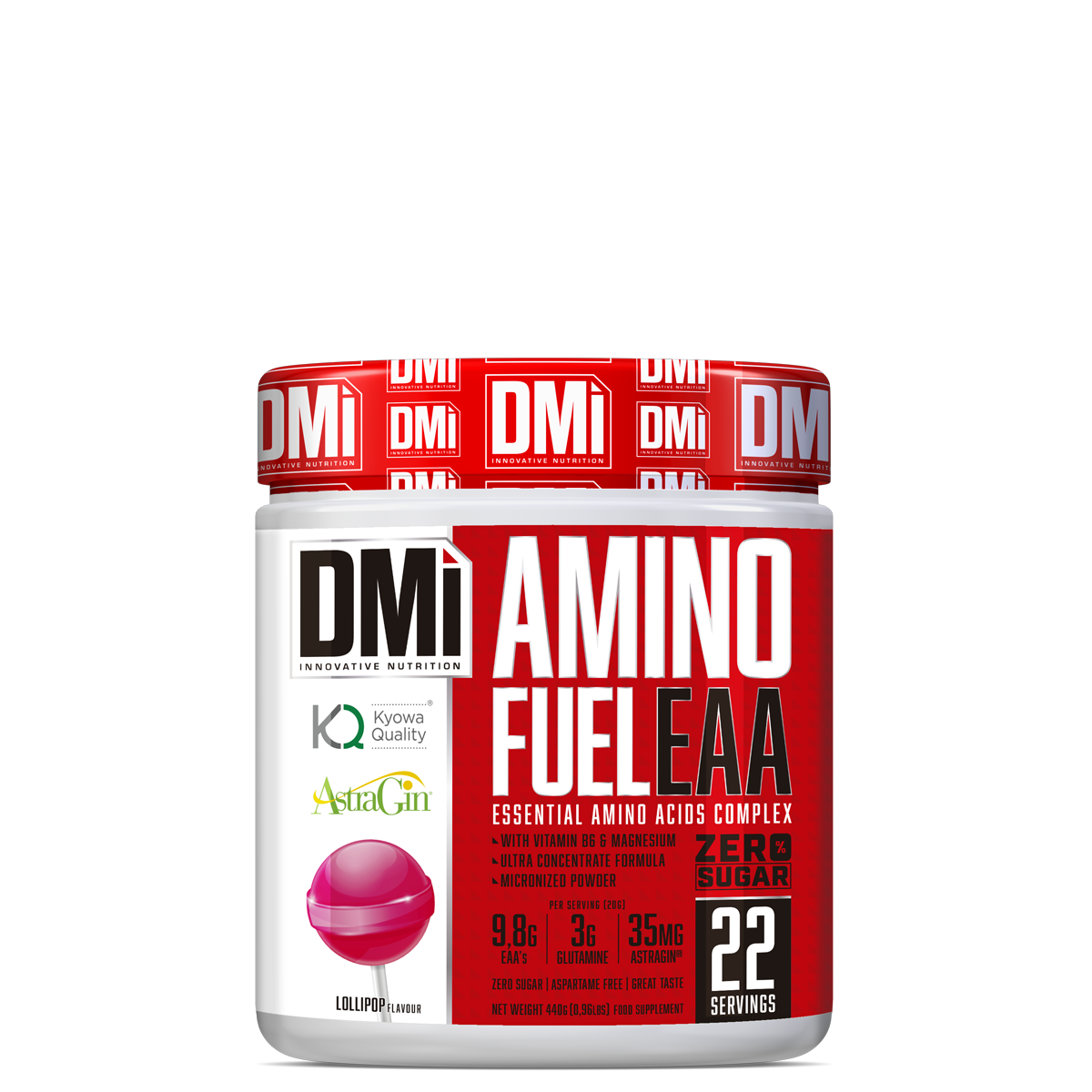 Frasco de suplemento AMINO FUEL EAA com tampa vermelha e rótulo branco e vermelho