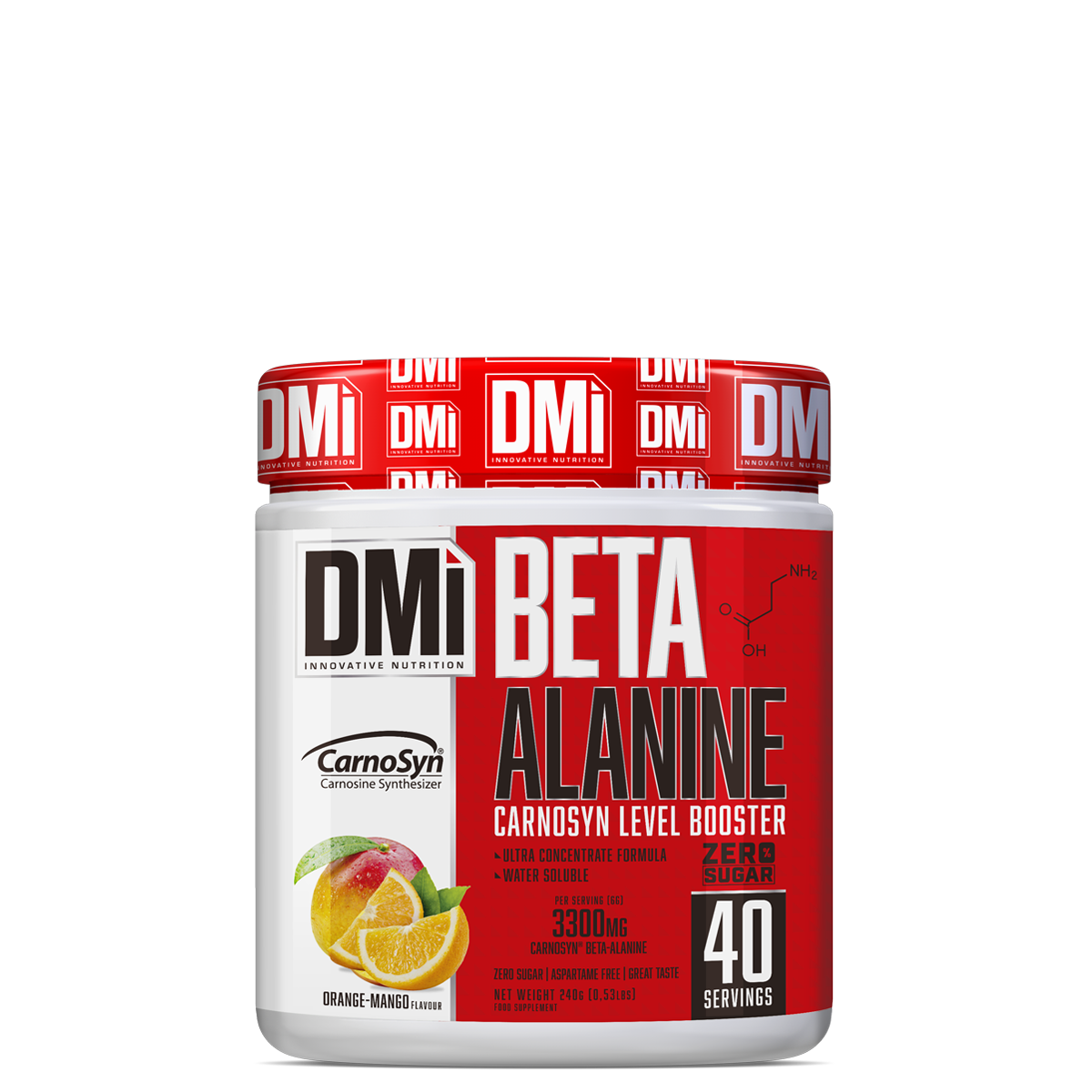 Suplemento Beta Alanine DMi em frasco branco com tampa vermelha e rótulo vermelho