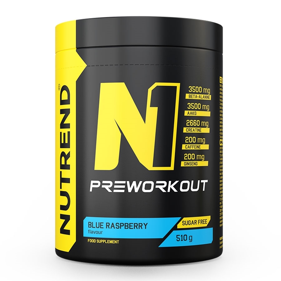 Suplemento Nutrend N1 Preworkout Blue Raspberry em embalagem preta e amarela