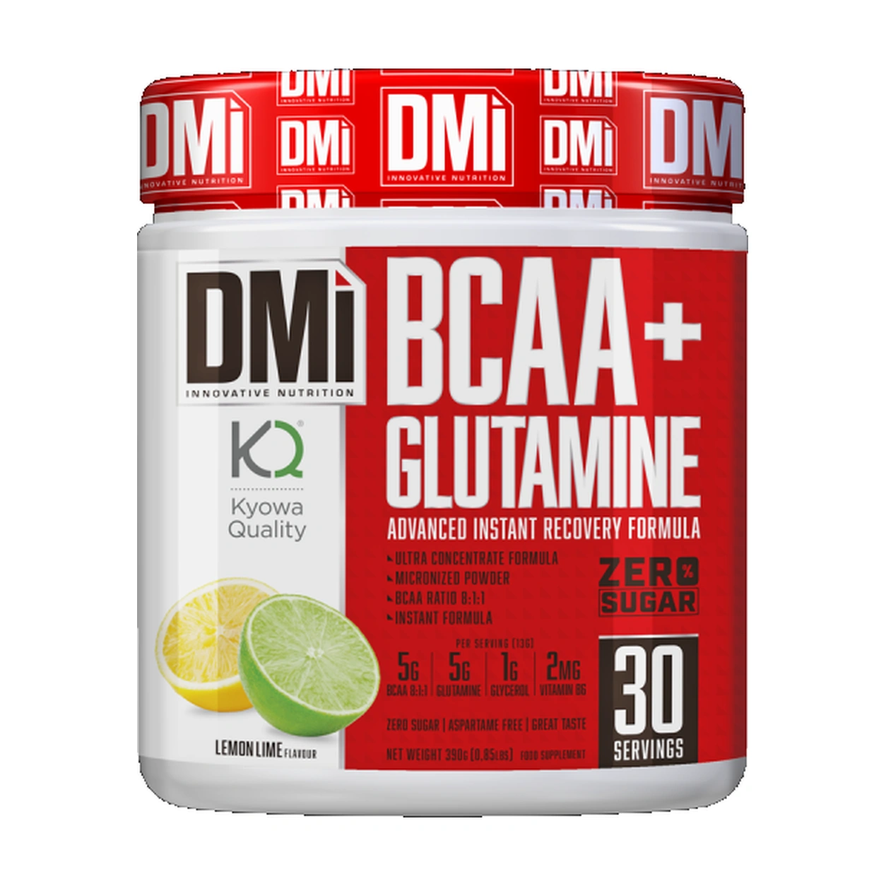 BCAA + Glutamina 8:1:1 DMI Nutrition 390 g — Lima-Limão Recipiente de suplemento alimentar DMi BCAA+ Glutamine sabor Lemon Lime.